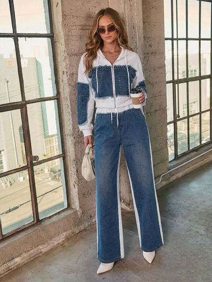 Denim Patchwork 2 Piece Set For Women - Studded Hoodie And Wide Leg Pants - Spring Streetwear Tracksuit 2026