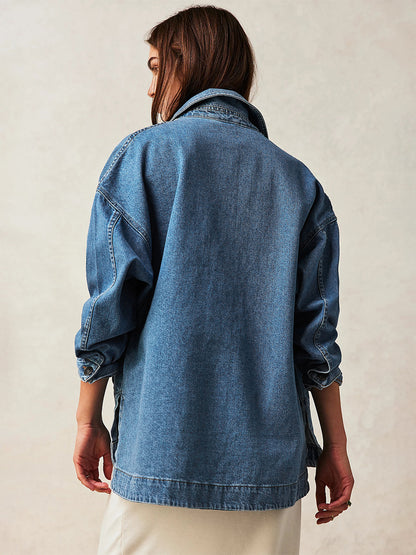 Oversized Denim Jacket For Women - Medium Wash Boyfriend Fit Side Slit Trucker Coat - Spring Daily Streetwear 2026