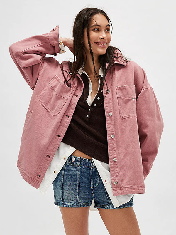 Oversized Denim Jacket For Women - Medium Wash Boyfriend Fit Side Slit Trucker Coat - Spring Daily Streetwear 2026