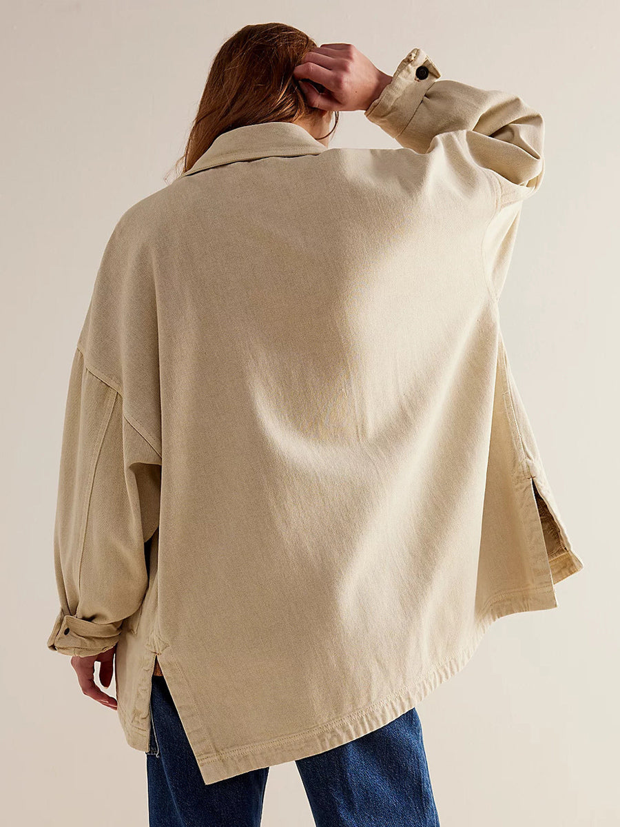 Oversized Denim Jacket For Women - Medium Wash Boyfriend Fit Side Slit Trucker Coat - Spring Daily Streetwear 2026
