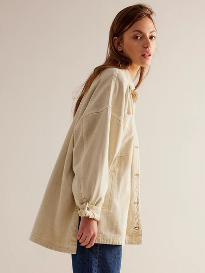 Oversized Denim Jacket For Women - Medium Wash Boyfriend Fit Side Slit Trucker Coat - Spring Daily Streetwear 2026