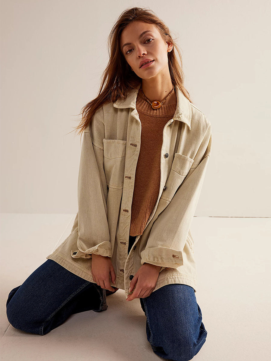 Oversized Denim Jacket For Women - Medium Wash Boyfriend Fit Side Slit Trucker Coat - Spring Daily Streetwear 2026