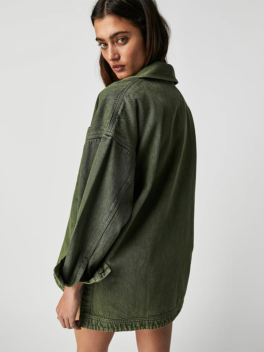 Oversized Denim Jacket For Women - Medium Wash Boyfriend Fit Side Slit Trucker Coat - Spring Daily Streetwear 2026