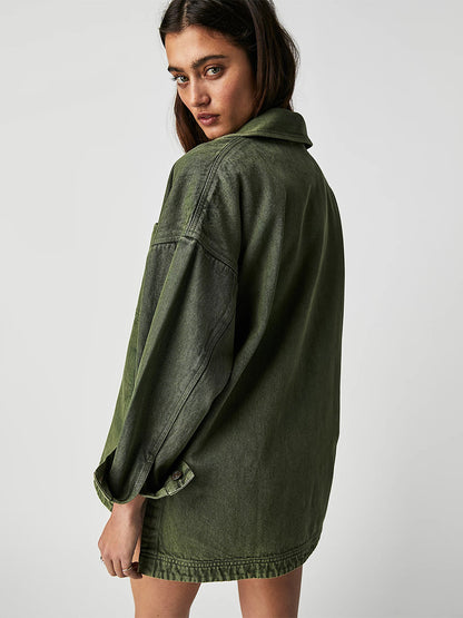 Oversized Denim Jacket For Women - Medium Wash Boyfriend Fit Side Slit Trucker Coat - Spring Daily Streetwear 2026