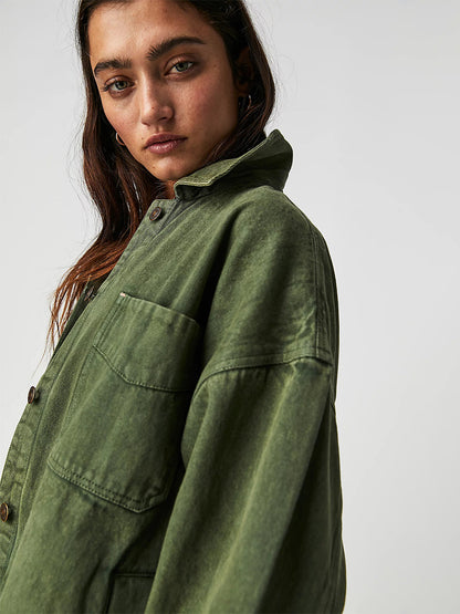 Oversized Denim Jacket For Women - Medium Wash Boyfriend Fit Side Slit Trucker Coat - Spring Daily Streetwear 2026