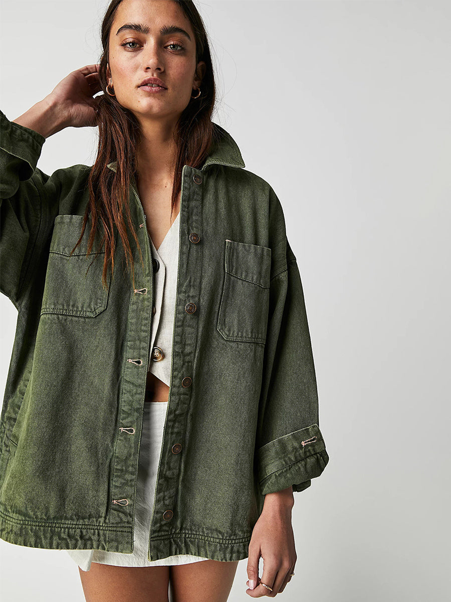 Oversized Denim Jacket For Women - Medium Wash Boyfriend Fit Side Slit Trucker Coat - Spring Daily Streetwear 2026