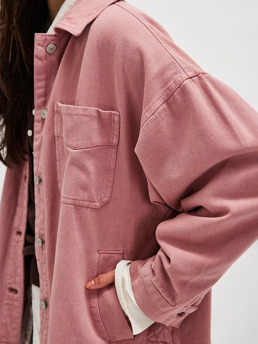 Oversized Denim Jacket For Women - Medium Wash Boyfriend Fit Side Slit Trucker Coat - Spring Daily Streetwear 2026