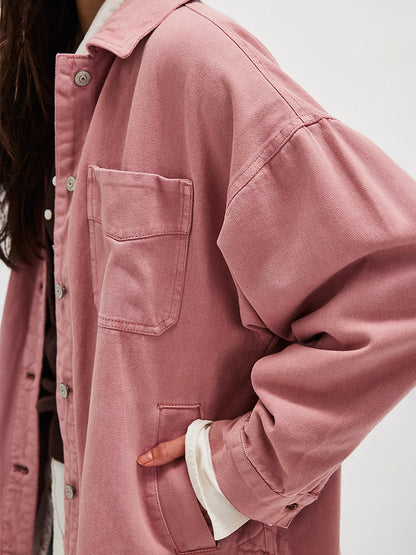 Oversized Denim Jacket For Women - Medium Wash Boyfriend Fit Side Slit Trucker Coat - Spring Daily Streetwear 2026