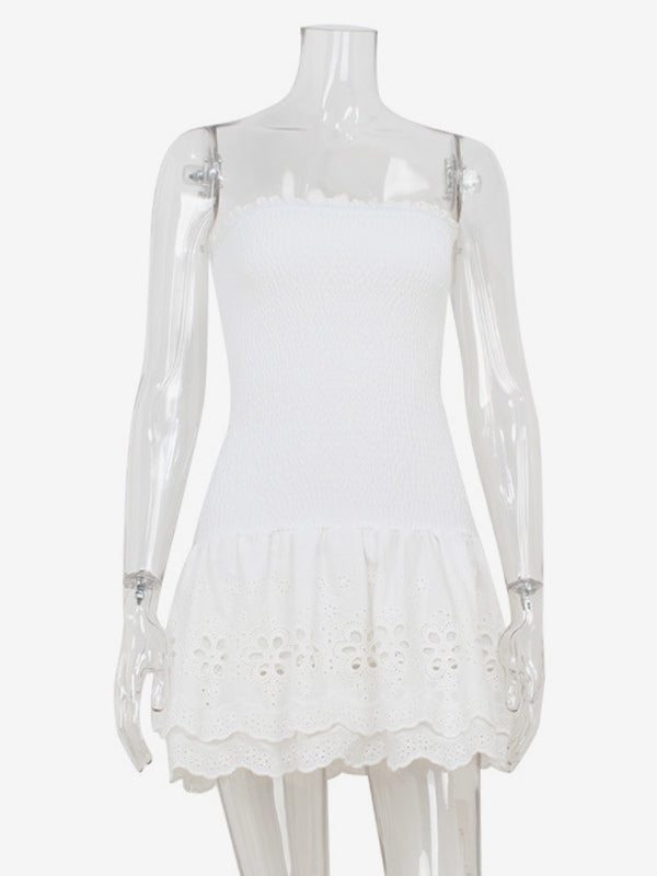 Eyelet Lace Mini Dress For Women - White Smocked Strapless Ruffle Tube Sundress - Summer Beach Vacation 2026