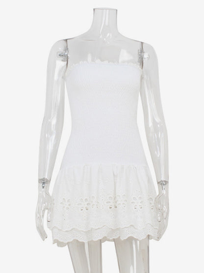 Eyelet Lace Mini Dress For Women - White Smocked Strapless Ruffle Tube Sundress - Summer Beach Vacation 2026