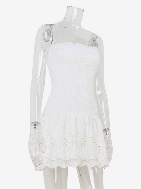Eyelet Lace Mini Dress For Women - White Smocked Strapless Ruffle Tube Sundress - Summer Beach Vacation 2026