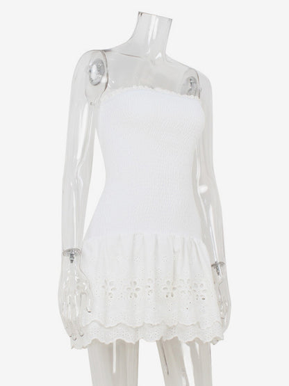 Eyelet Lace Mini Dress For Women - White Smocked Strapless Ruffle Tube Sundress - Summer Beach Vacation 2026