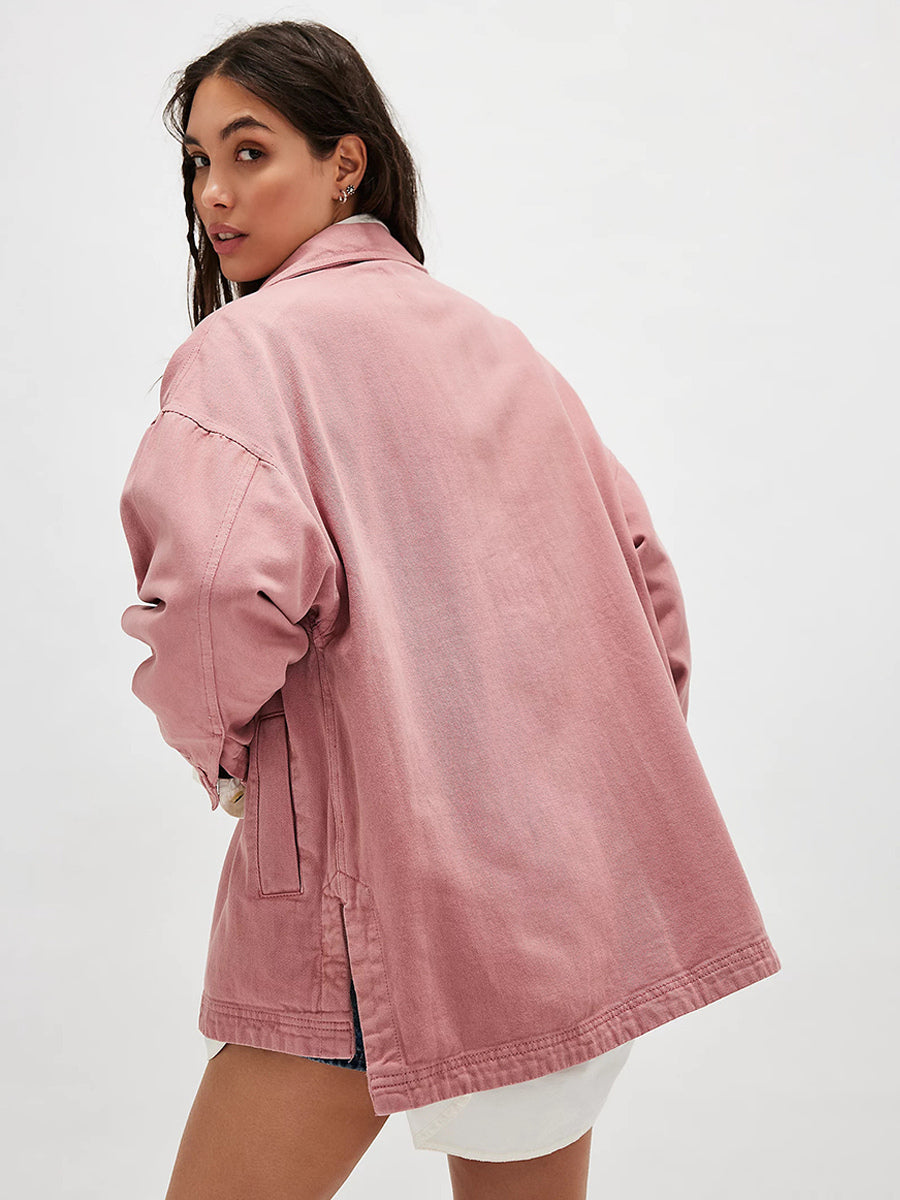 Oversized Denim Jacket For Women - Medium Wash Boyfriend Fit Side Slit Trucker Coat - Spring Daily Streetwear 2026