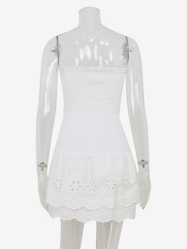 Eyelet Lace Mini Dress For Women - White Smocked Strapless Ruffle Tube Sundress - Summer Beach Vacation 2026