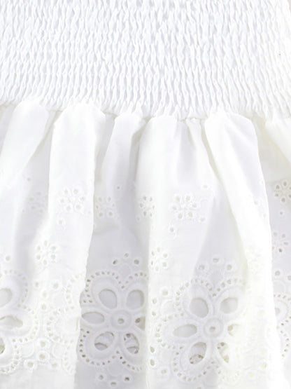 Eyelet Lace Mini Dress For Women - White Smocked Strapless Ruffle Tube Sundress - Summer Beach Vacation 2026