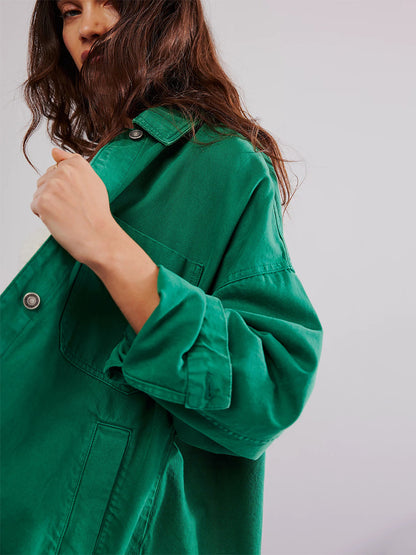 Oversized Denim Jacket For Women - Medium Wash Boyfriend Fit Side Slit Trucker Coat - Spring Daily Streetwear 2026