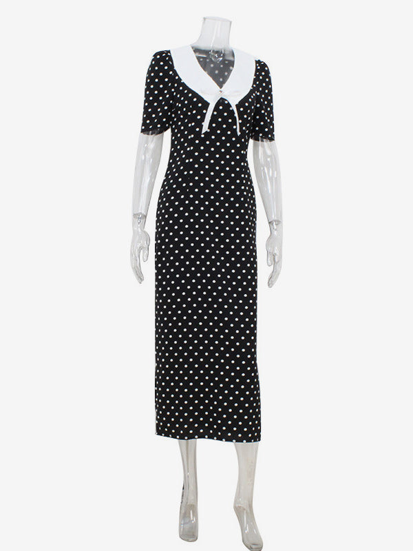 Polka Dot Maxi Dress For Women - Black Vintage Peter Pan Collar Bodycon Pencil Dress - Summer Date Night 2026