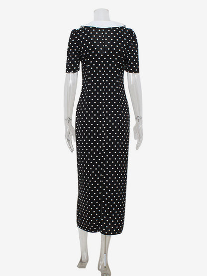 Polka Dot Maxi Dress For Women - Black Vintage Peter Pan Collar Bodycon Pencil Dress - Summer Date Night 2026