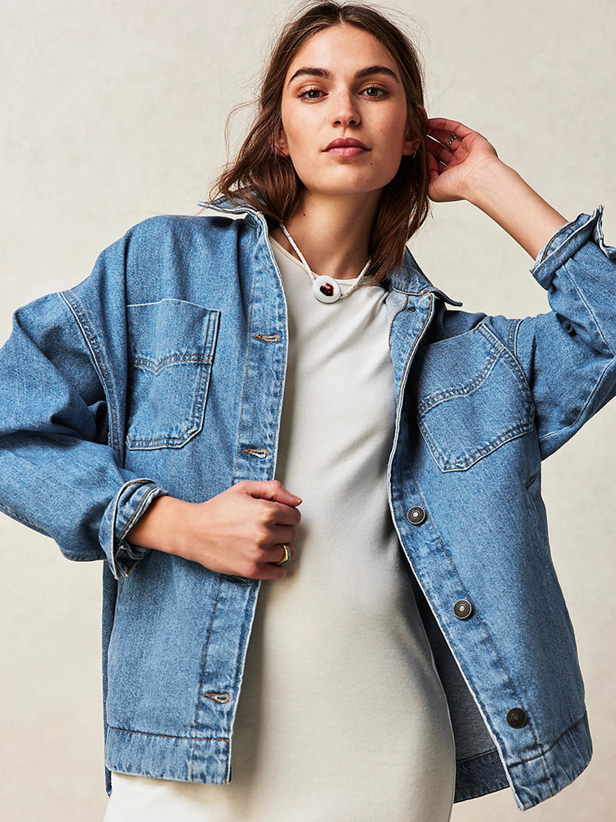 Oversized Denim Jacket For Women - Medium Wash Boyfriend Fit Side Slit Trucker Coat - Spring Daily Streetwear 2026