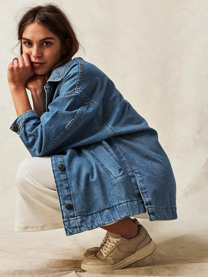 Oversized Denim Jacket For Women - Medium Wash Boyfriend Fit Side Slit Trucker Coat - Spring Daily Streetwear 2026