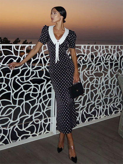 Polka Dot Maxi Dress For Women - Black Vintage Peter Pan Collar Bodycon Pencil Dress - Summer Date Night 2026