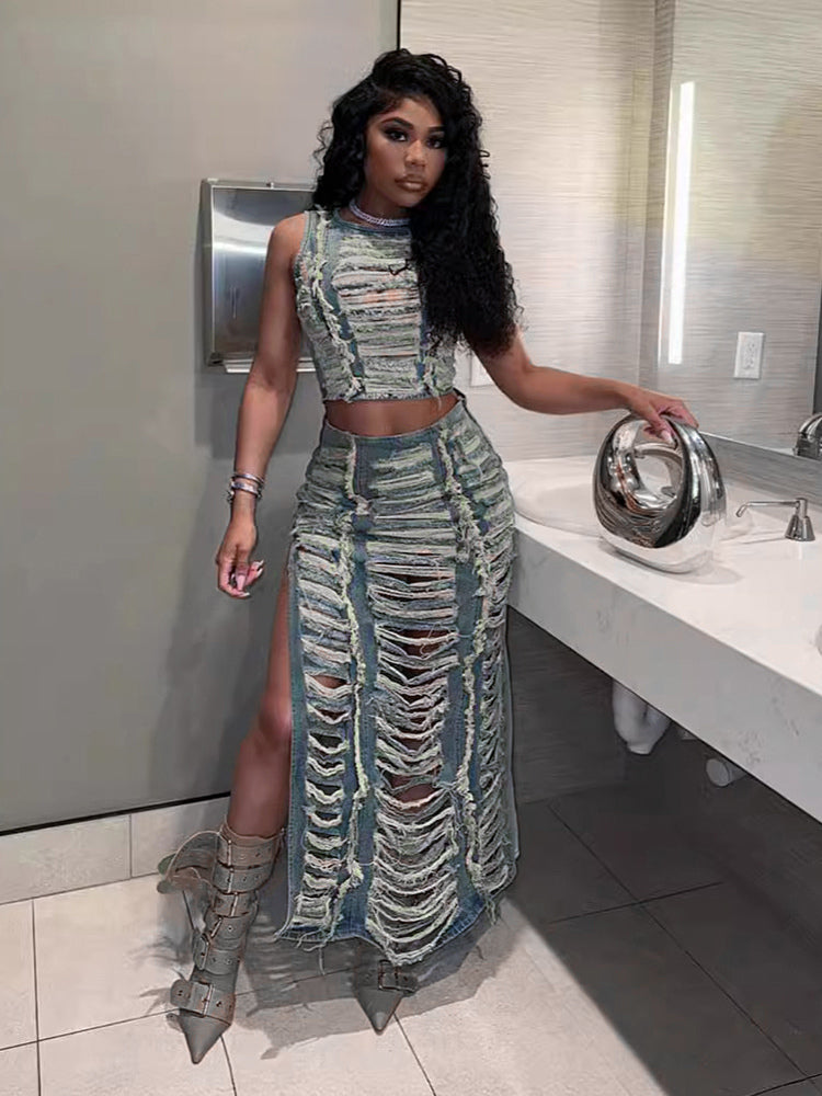 Distressed Denim 2 Piece Set For Women - Vintage Washed Ripped Maxi Slit Skirt And Crop Top - Summer Festival Party Wear 2026