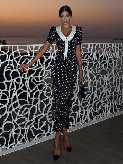 Polka Dot Maxi Dress For Women - Black Vintage Peter Pan Collar Bodycon Pencil Dress - Summer Date Night 2026