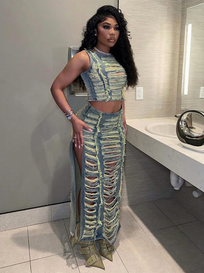 Distressed Denim 2 Piece Set For Women - Vintage Washed Ripped Maxi Slit Skirt And Crop Top - Summer Festival Party Wear 2026