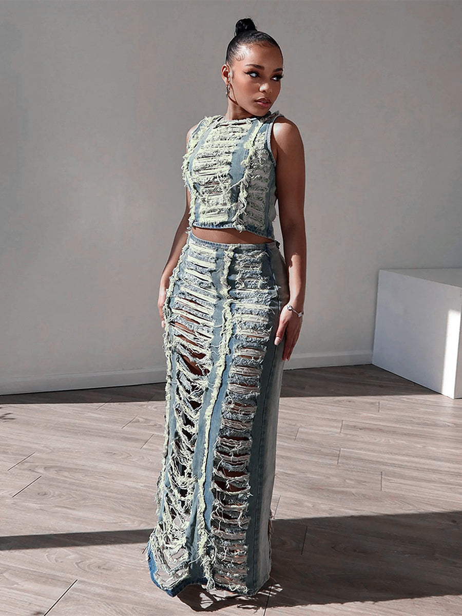 Distressed Denim 2 Piece Set For Women - Vintage Washed Ripped Maxi Slit Skirt And Crop Top - Summer Festival Party Wear 2026