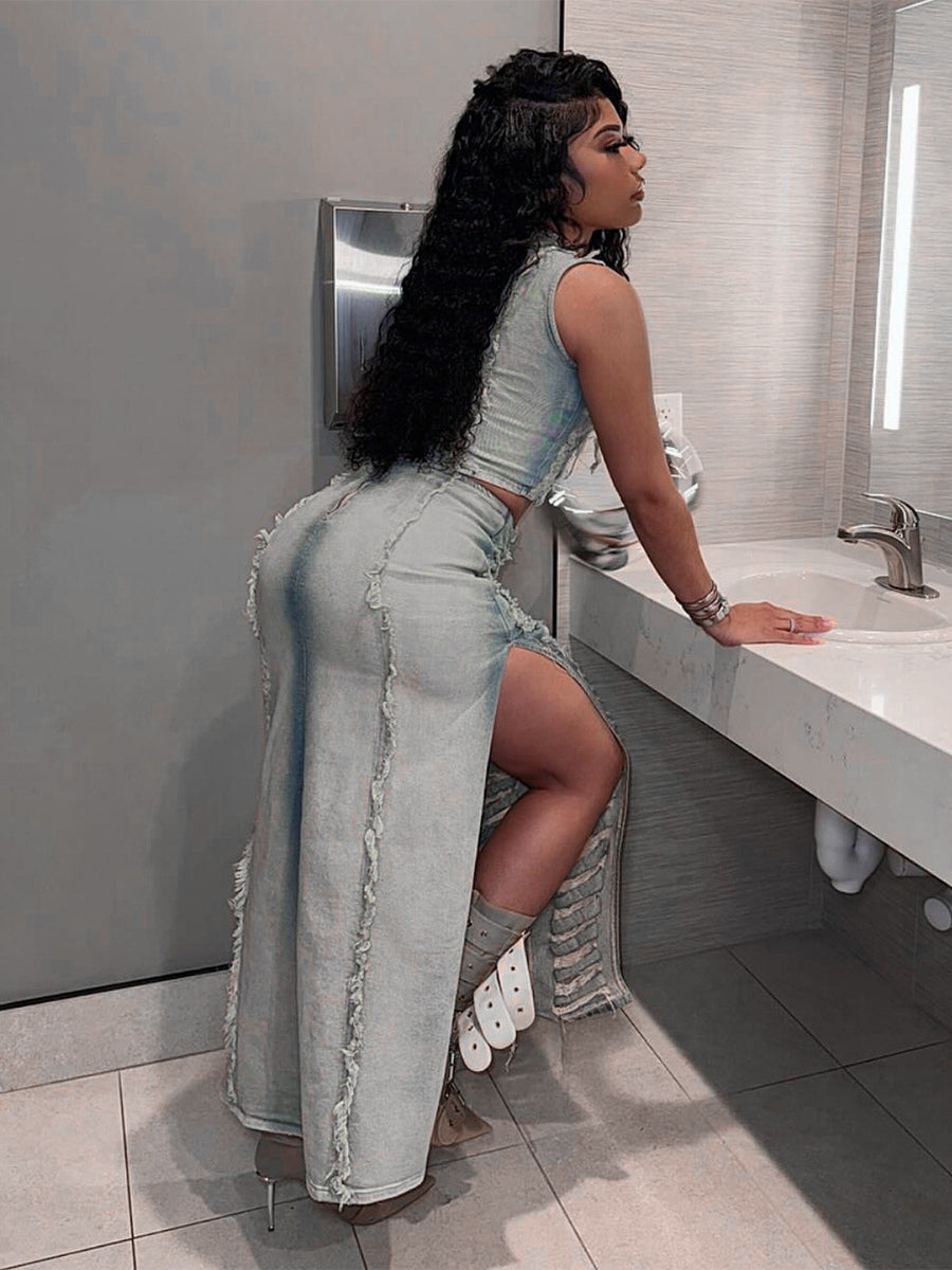 Distressed Denim 2 Piece Set For Women - Vintage Washed Ripped Maxi Slit Skirt And Crop Top - Summer Festival Party Wear 2026