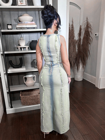 Distressed Denim 2 Piece Set For Women - Vintage Washed Ripped Maxi Slit Skirt And Crop Top - Summer Festival Party Wear 2026