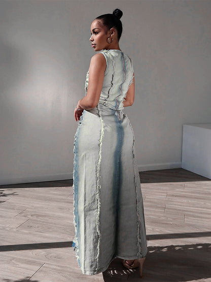 Distressed Denim 2 Piece Set For Women - Vintage Washed Ripped Maxi Slit Skirt And Crop Top - Summer Festival Party Wear 2026