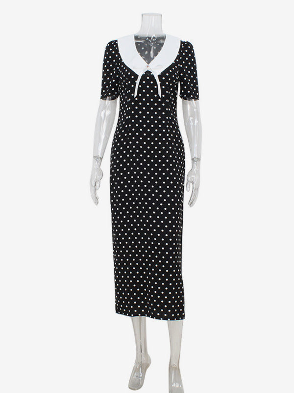Polka Dot Maxi Dress For Women - Black Vintage Peter Pan Collar Bodycon Pencil Dress - Summer Date Night 2026