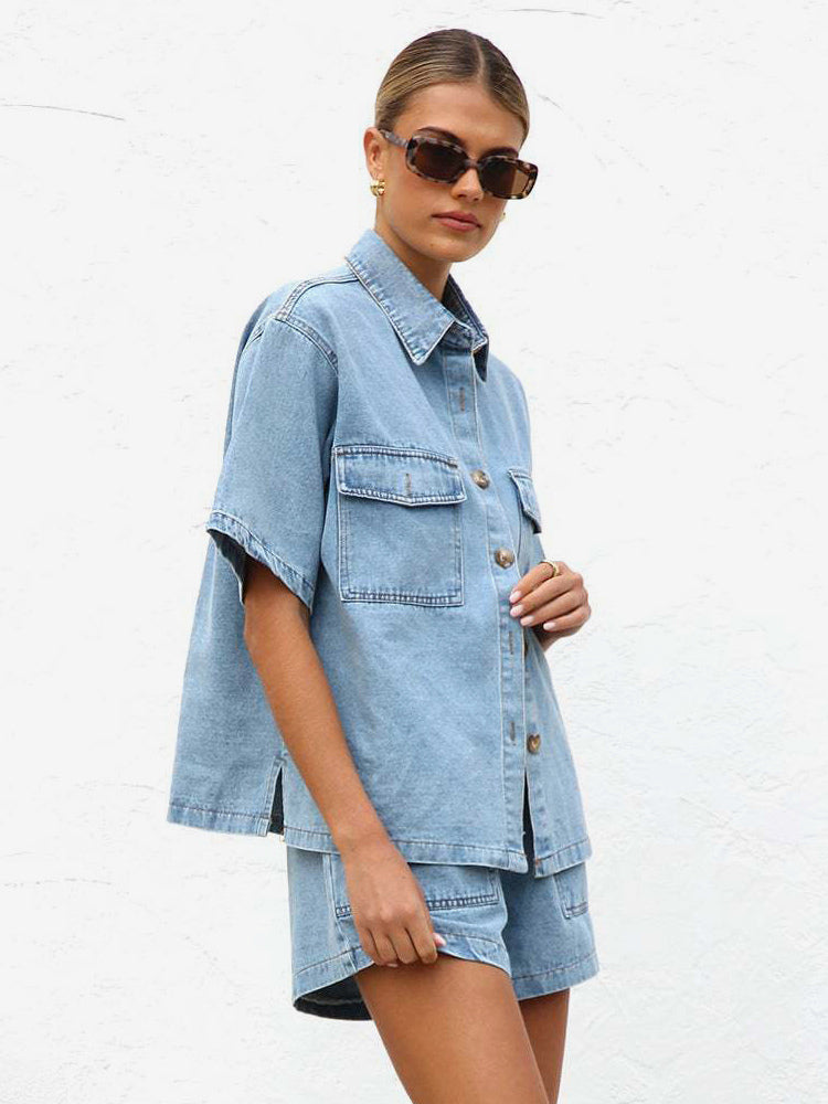 Medium Washed Denim 2 Piece Set For Women - Drawstring Shorts With Button Up Shirt - Summer Casual Vacation Outfits 2026