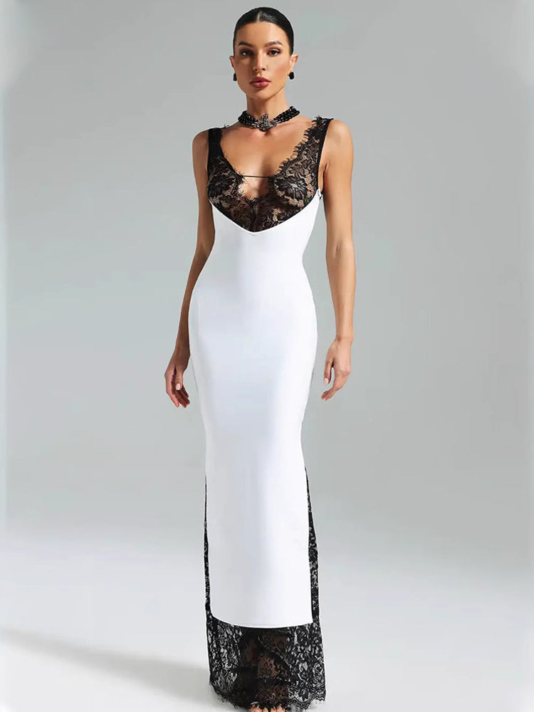 Lace Patchwork Maxi Dress For Women - Sexy V Neck Bodycon Baddie Sleeveless Gown - Summer Clubwear Party Night 2026