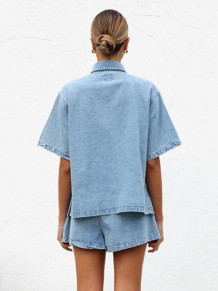 Medium Washed Denim 2 Piece Set For Women - Drawstring Shorts With Button Up Shirt - Summer Casual Vacation Outfits 2026