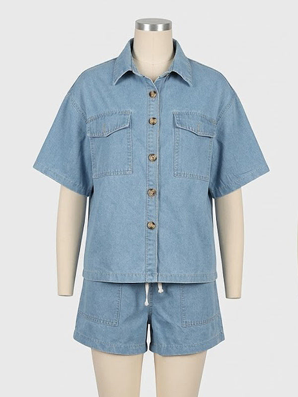 Medium Washed Denim 2 Piece Set For Women - Drawstring Shorts With Button Up Shirt - Summer Casual Vacation Outfits 2026