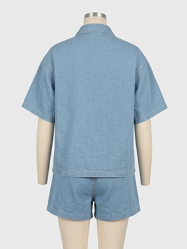 Medium Washed Denim 2 Piece Set For Women - Drawstring Shorts With Button Up Shirt - Summer Casual Vacation Outfits 2026
