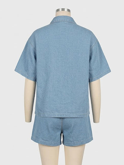 Medium Washed Denim 2 Piece Set For Women - Drawstring Shorts With Button Up Shirt - Summer Casual Vacation Outfits 2026