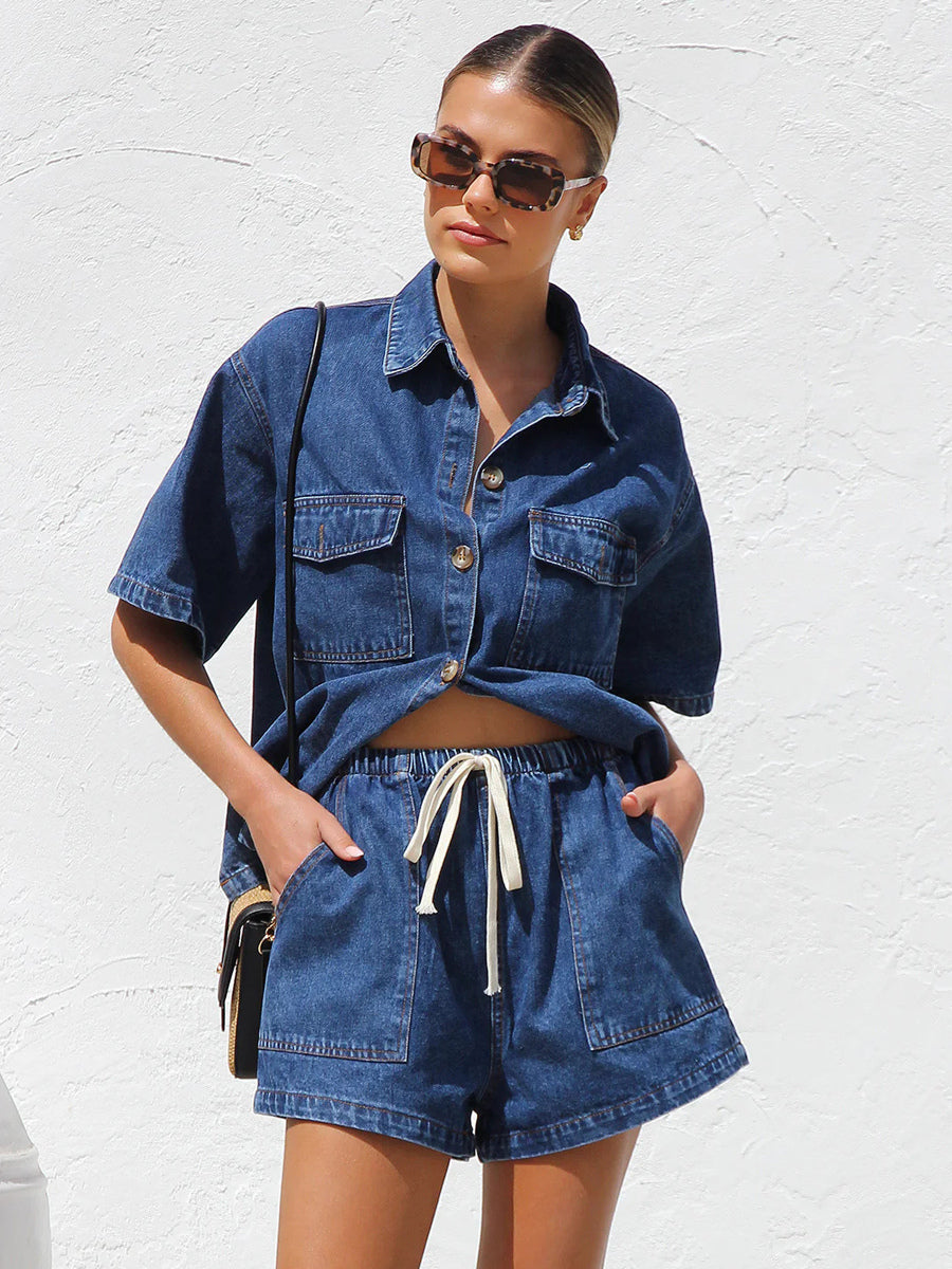 Medium Washed Denim 2 Piece Set For Women - Drawstring Shorts With Button Up Shirt - Summer Casual Vacation Outfits 2026