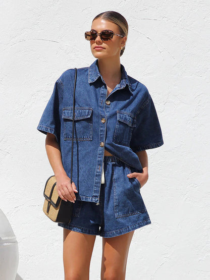 Medium Washed Denim 2 Piece Set For Women - Drawstring Shorts With Button Up Shirt - Summer Casual Vacation Outfits 2026