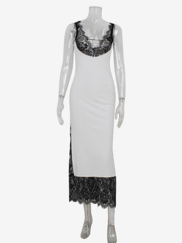 Lace Patchwork Maxi Dress For Women - Sexy V Neck Bodycon Baddie Sleeveless Gown - Summer Clubwear Party Night 2026
