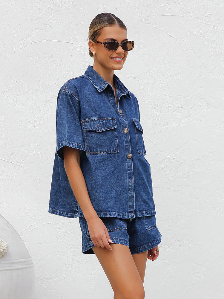 Medium Washed Denim 2 Piece Set For Women - Drawstring Shorts With Button Up Shirt - Summer Casual Vacation Outfits 2026