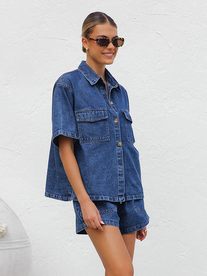 Medium Washed Denim 2 Piece Set For Women - Drawstring Shorts With Button Up Shirt - Summer Casual Vacation Outfits 2026