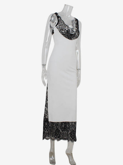 Lace Patchwork Maxi Dress For Women - Sexy V Neck Bodycon Baddie Sleeveless Gown - Summer Clubwear Party Night 2026