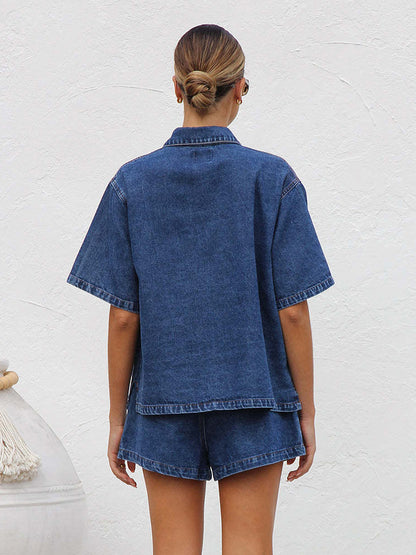 Medium Washed Denim 2 Piece Set For Women - Drawstring Shorts With Button Up Shirt - Summer Casual Vacation Outfits 2026
