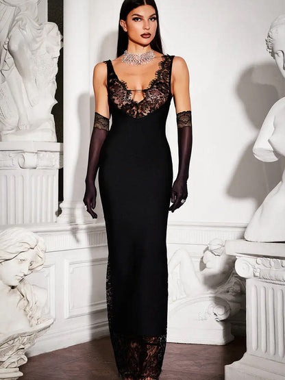 Lace Patchwork Maxi Dress For Women - Sexy V Neck Bodycon Baddie Sleeveless Gown - Summer Clubwear Party Night 2026