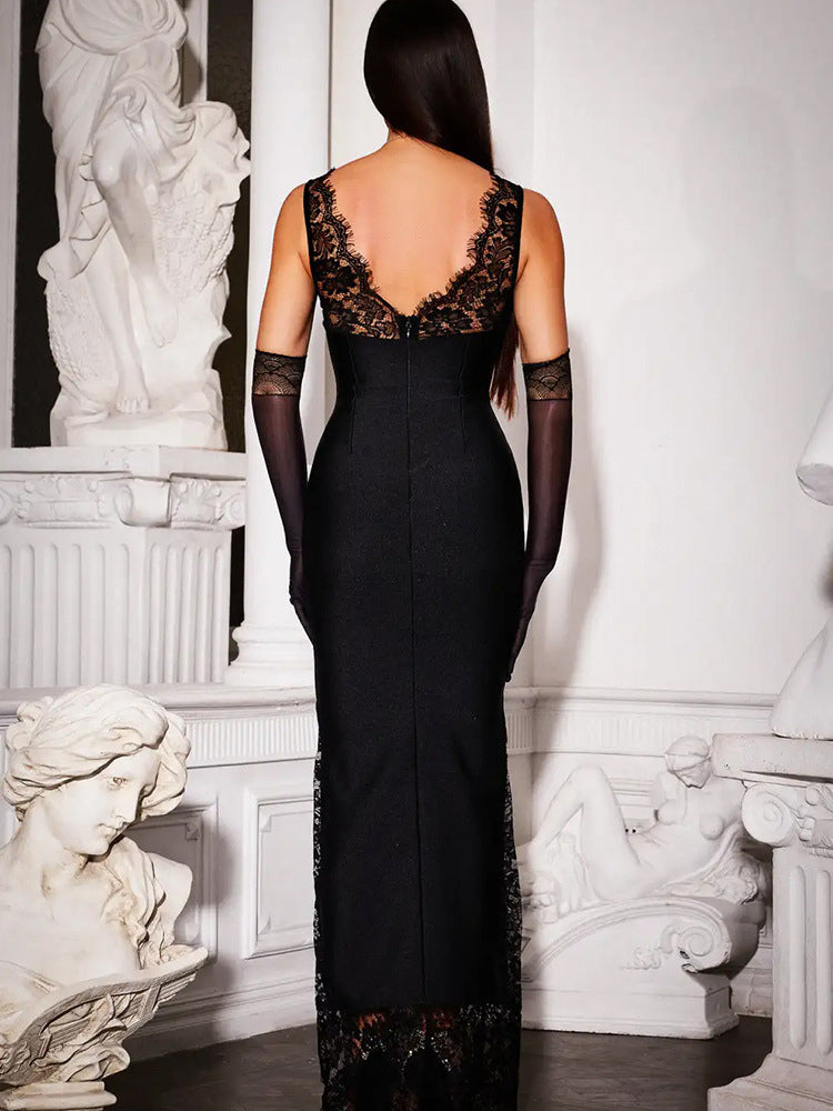 Lace Patchwork Maxi Dress For Women - Sexy V Neck Bodycon Baddie Sleeveless Gown - Summer Clubwear Party Night 2026