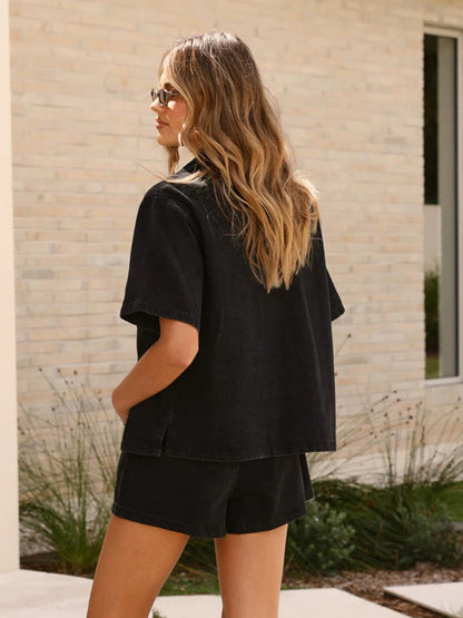 Medium Washed Denim 2 Piece Set For Women - Drawstring Shorts With Button Up Shirt - Summer Casual Vacation Outfits 2026