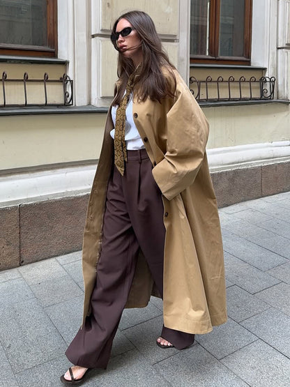 Classic Long Trench Coat For Women - Khaki Minimalist Single-Breasted Relaxed Fit Dust Coat - Spring Office-to-dinner Outerwear 2026